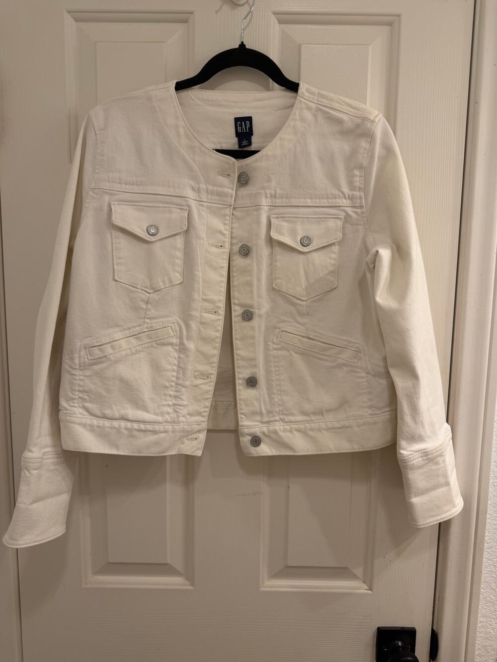 GAP Women's White Collarless Denim Jacket Size L 4 Pocket